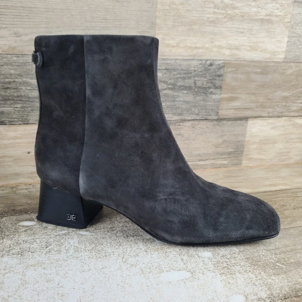 Sam Edelman Paige Womens Ankle Boot Sz 7.5 M Graphite Gray Suede Side Zip Block